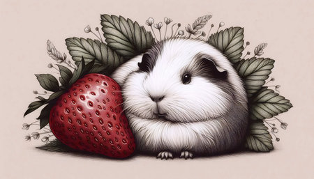 A guinea pig with a strawberry ink drawing art print, Ai generated imageの写真素材