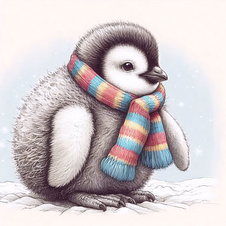 A baby penguin with a scarf ink drawing art printの写真素材