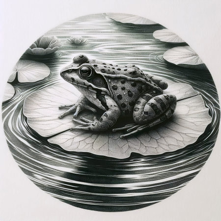 A tiny frog on a lily pad ink drawing art printの写真素材