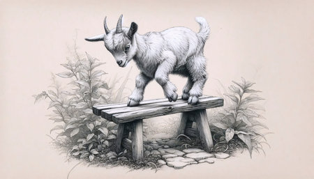 A little goat on a bench ink drawing art printの写真素材