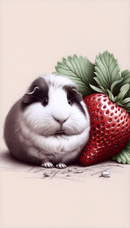 A guinea pig with a strawberry ink drawing art print, Ai generated imageの写真素材
