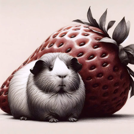 A guinea pig with a strawberry ink drawing art print, Ai generated imageの写真素材