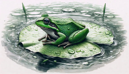 A tiny frog on a lily pad ink drawing art print, Ai generated imageの写真素材