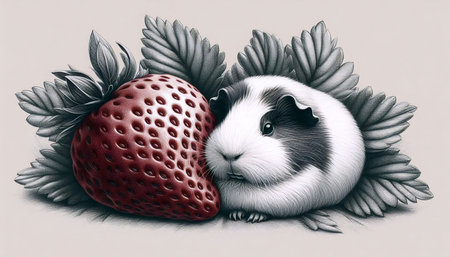 A guinea pig with a strawberry ink drawing art print, Ai generated imageの写真素材