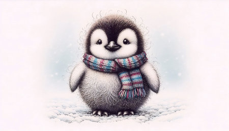 A baby penguin with a scarf ink drawing art print, Ai generated imageの写真素材