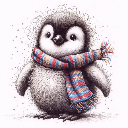 A baby penguin with a scarf ink drawing art print, Ai generated imageの写真素材