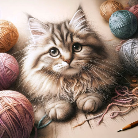 A playful kitten ink drawing art print, Ai generated image