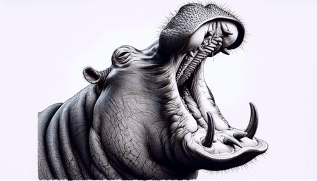 A Yawning Hippo ink drawing art print, Ai generated image
