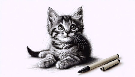 A Kitten ink drawing art print, Ai generated imageの写真素材