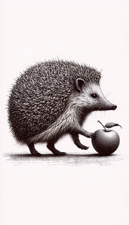 A Hedgehog with an Apple ink drawing art print, Ai generated imageの写真素材