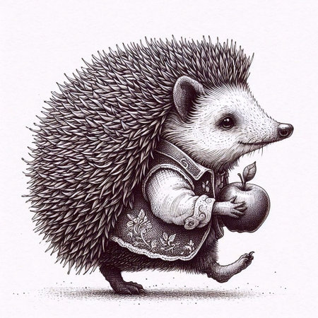 A Hedgehog with an Apple ink drawing art print, Ai generated imageの写真素材