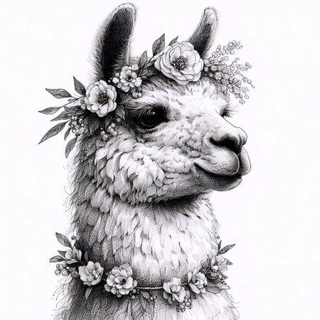 A Llama with Flowers ink drawing art print, Ai generated imageの写真素材