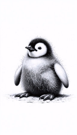 A Penguin Chick ink drawing art print, Ai generated imageの写真素材