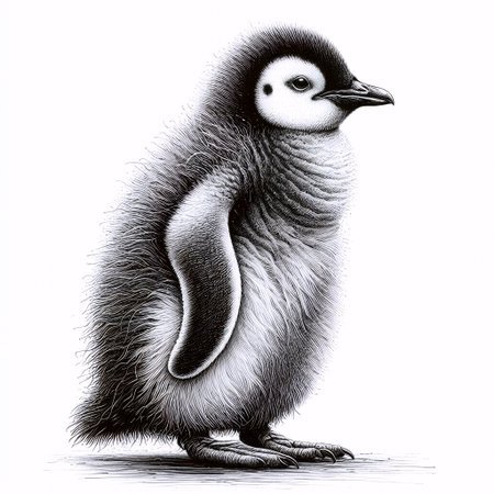 A Penguin Chick ink drawing art print, Ai generated imageの写真素材