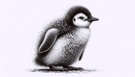 A Penguin Chick ink drawing art print, Ai generated imageの写真素材