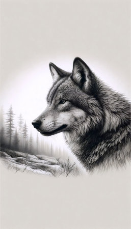 A lone wolf ink drawing art print, Ai generated image