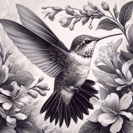 A hovering hummingbird ink drawing art printの写真素材