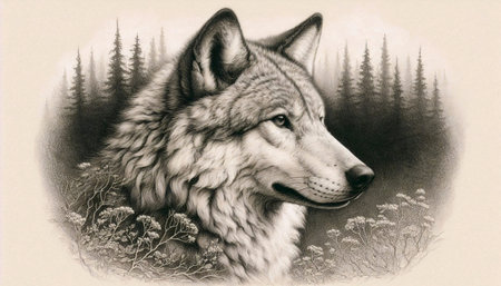 A lone wolf ink drawing art print, Ai generated image