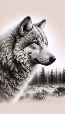 A lone wolf ink drawing art print, Ai generated image