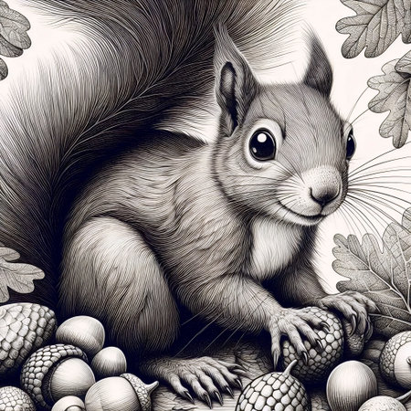 A playful squirrel ink drawing art printの写真素材