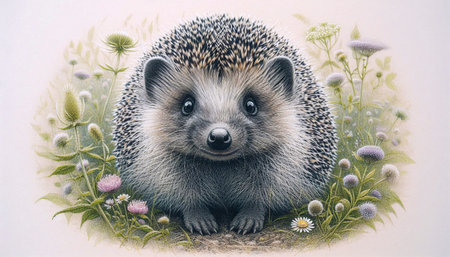 A curious hedgehog ink drawing art print, Ai generated imageの写真素材