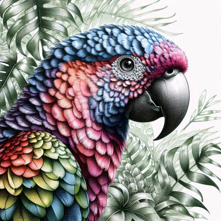 A colorful parrot ink drawing art print, Ai generated imageの写真素材