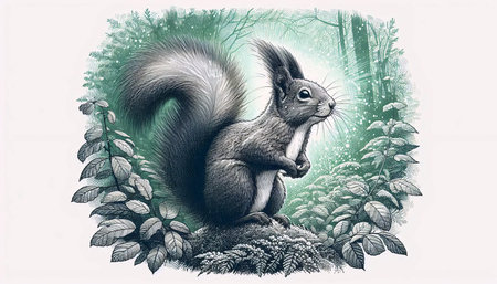 A playful squirrel ink drawing art print, Ai generated imageの写真素材