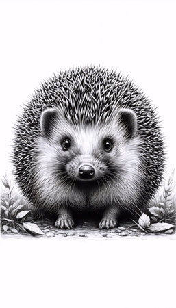 A curious hedgehog ink drawing art print, Ai generated imageの写真素材
