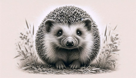 A curious hedgehog ink drawing art printの写真素材
