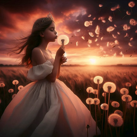 A Princess Making a Wish on a Dandelion watercolor art print, Ai generated image