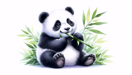 A Panda with a Bamboo Shoot watercolor art print, Ai generated imageの写真素材
