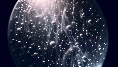 A macro mockup of imperfect, hand-blown glass showing trapped air bubbles and swirling, organic forms, backlitの写真素材