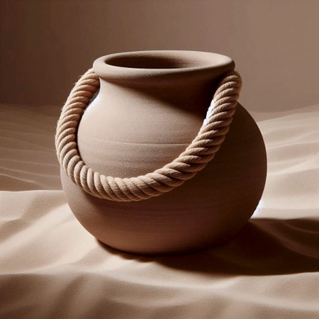 An unglazed terracotta plant pot mockup with a handle made of braided hemp rope, isolated on a bed...