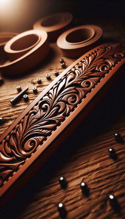 A close-up mockup of a vegetable-tanned leather strap showing deep, hand-tooled floral engraving and...