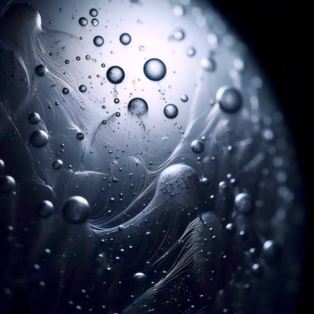 A macro mockup of imperfect, hand-blown glass showing trapped air bubbles and swirling, organic...