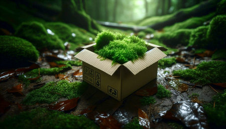A simple cardboard box mockup with live moss growing naturally on one of its damp corners, in a shaded forest setting, Ai generated imageの写真素材