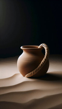 An unglazed terracotta plant pot mockup with a handle made of braided hemp rope, isolated on a bed of sand, Ai generated imageの写真素材