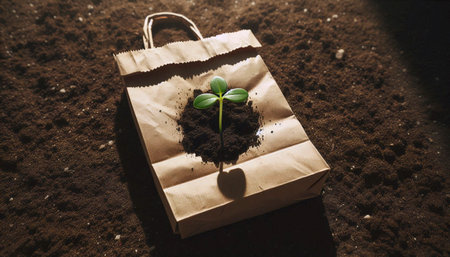 A flat, recycled paper shopping bag mockup with a simple seedling growing from a corner, on a bed of...