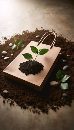 A flat, recycled paper shopping bag mockup with a simple seedling growing from a corner, on a bed of soil, Ai generated imageの写真素材