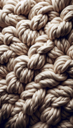 A close-up mockup of a chunky, undyed wool knit showing every twist and loop of the yarn, Ai...