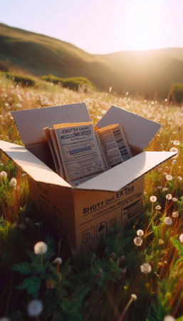A corrugated cardboard shipping box mockup with wildflower seeds embedded in its paper tape seams,...