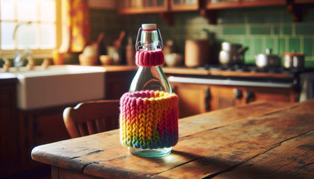 A clear glass milk bottle mockup nestled in a colorful, knitted reusable sleeve, on a wooden kitchen table, Ai generated imageの写真素材