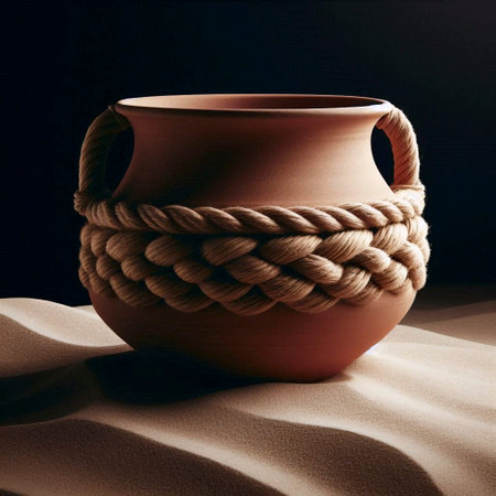 An unglazed terracotta plant pot mockup with a handle made of braided hemp rope, isolated on a bed...