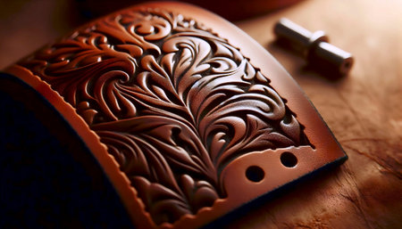 A close-up mockup of a vegetable-tanned leather strap showing deep, hand-tooled floral engraving and stitch holesの写真素材