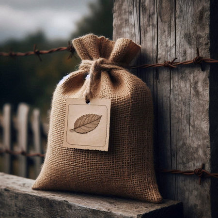 A burlap sack mockup with a blank label made of pressed leaves and twine, resting against a wooden...