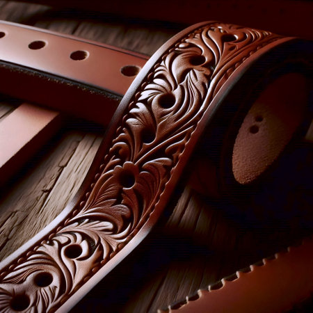 A close-up mockup of a vegetable-tanned leather strap showing deep, hand-tooled floral engraving and...