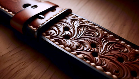 A close-up mockup of a vegetable-tanned leather strap showing deep, hand-tooled floral engraving and...