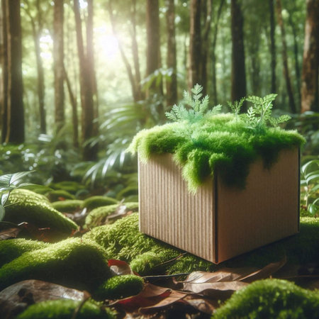 A simple cardboard box mockup with live moss growing naturally on one of its damp corners, in a...