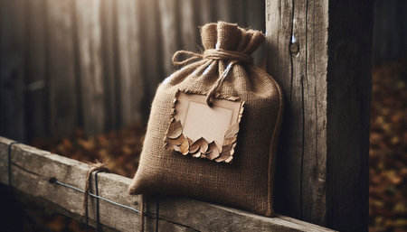 A burlap sack mockup with a blank label made of pressed leaves and twine, resting against a wooden fence post, Ai generated imageの写真素材