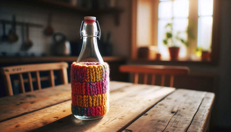 A clear glass milk bottle mockup nestled in a colorful, knitted reusable sleeve, on a wooden kitchen...